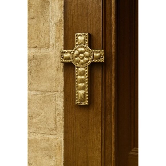 Hammered Silver on Wood Cross Mexican Relief Metal 4"L x 2.5"W x .5"D - Picture 1 of 4